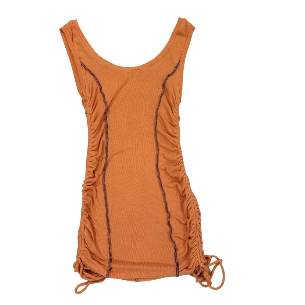 Side Cinch Mini Dress in Orange with Blue Stitching - Picture 3 of 5